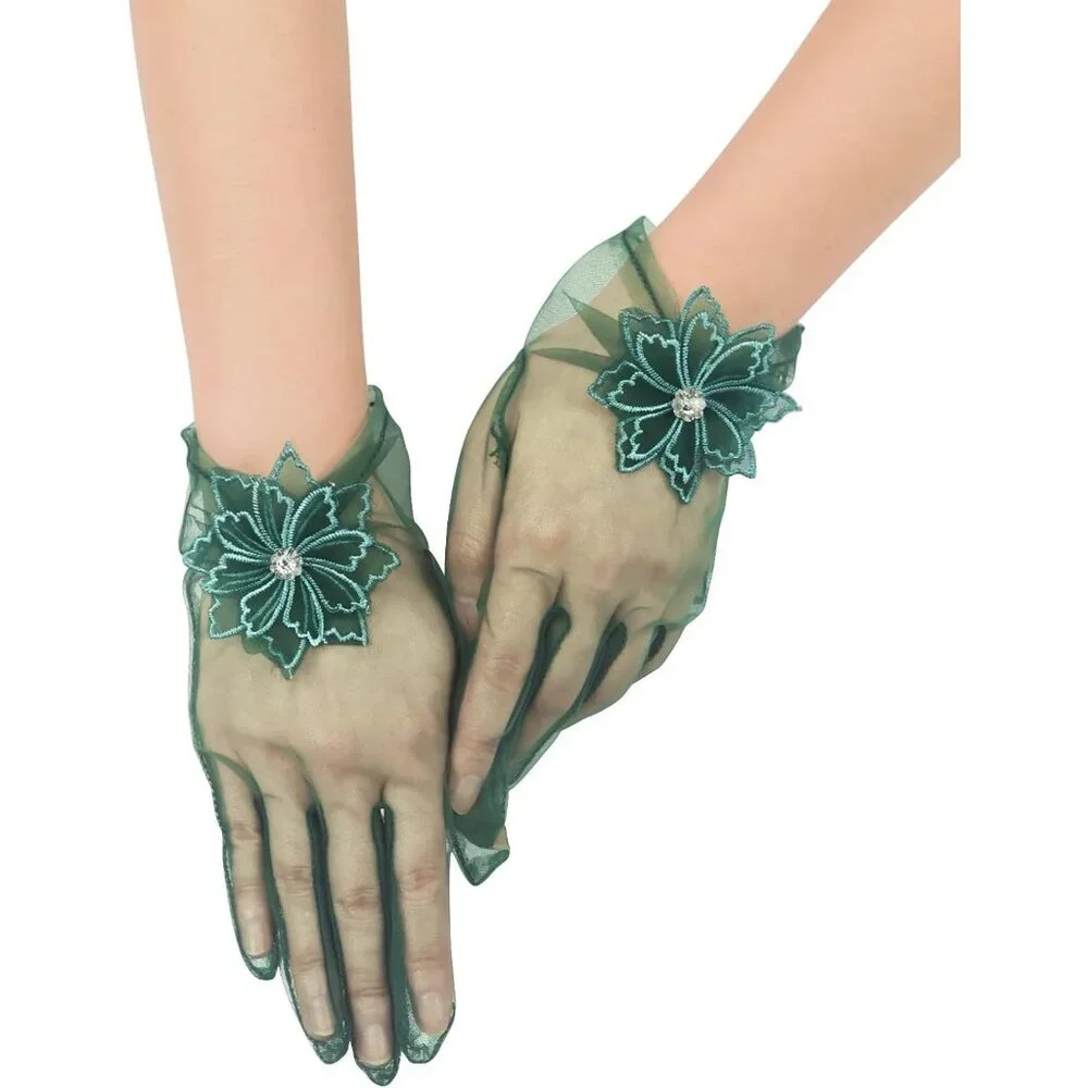 Women's Evening Dark Green Mesh Lace Short Gloves Wedding Bridal Tea Party Prom